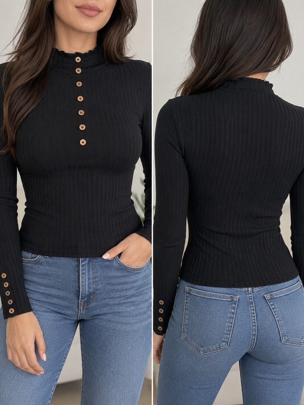 SHEIN Black Ribbed Mock Neck Long Sleeve Top Size M